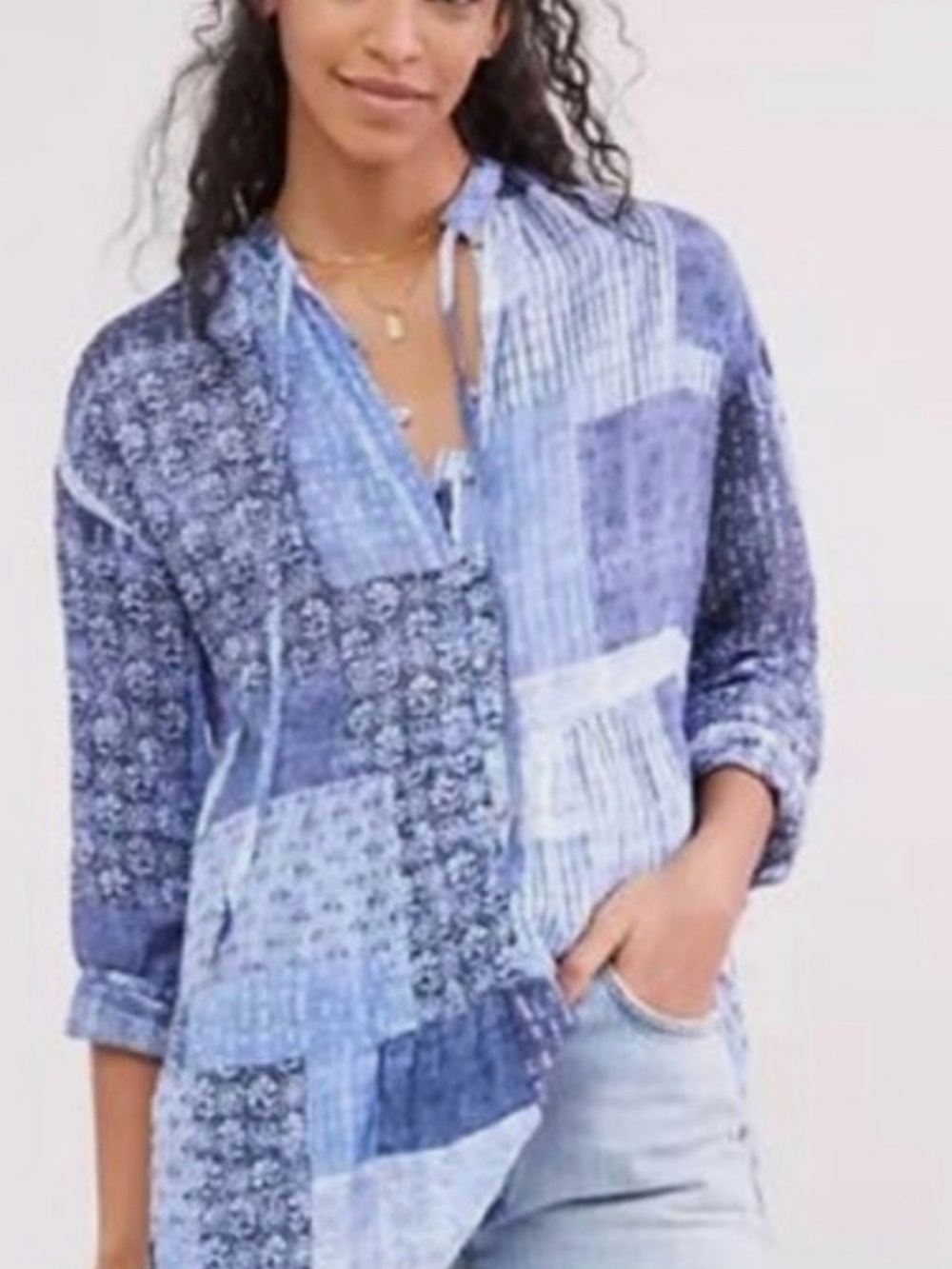 Anthropologie Pilcro Women’s Blouse 100% Cotton Blue Patchwork Size S